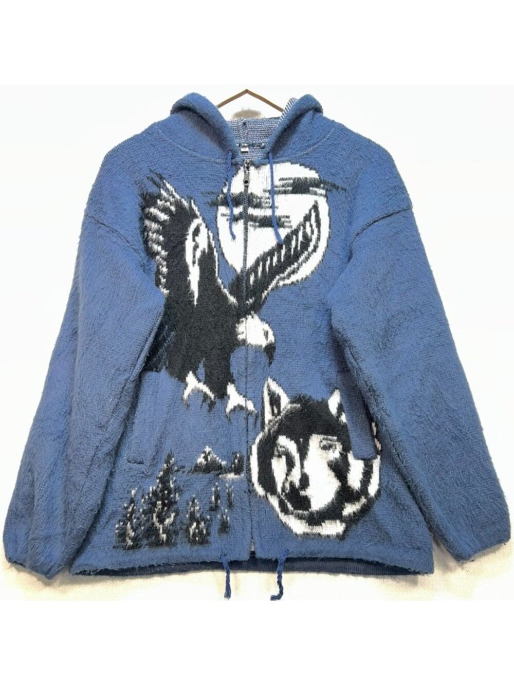 Vintage Unisex Wool Zip Up Hoodie Jacket Long Sleeve Sz M Blue Wolf Eagle Print